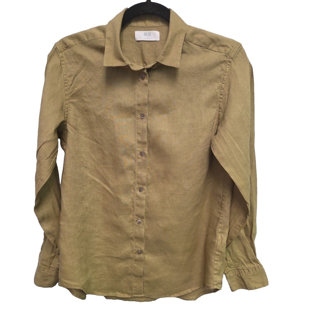 Uniqlo Button Up‎ Shirt Womens Sz Small Olive Long Sleeve Linen Casual Collared